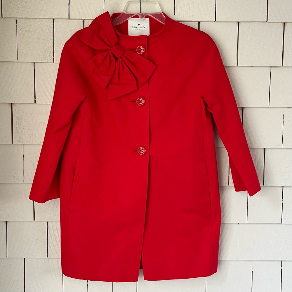 Kate Spade Lolipop Red Kendall Coat, Bow Accent, Cotton Silk Blend